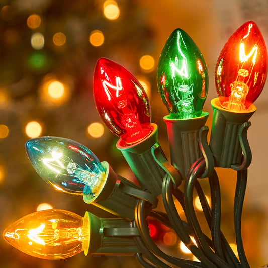 Minetom C7 Christmas String Lights - 50ft 2 Pack, Multicolor Vintage Outdoor Indoor Lights with 50+2 Spare Bulbs, Model GYPC-O505BU