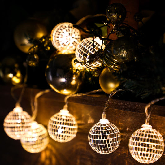 BBTO LED Disco Ball String Light, 10 Pcs, 2 Inch, Warm Color, Battery Powered, Model BBTO-Disco Ball-92