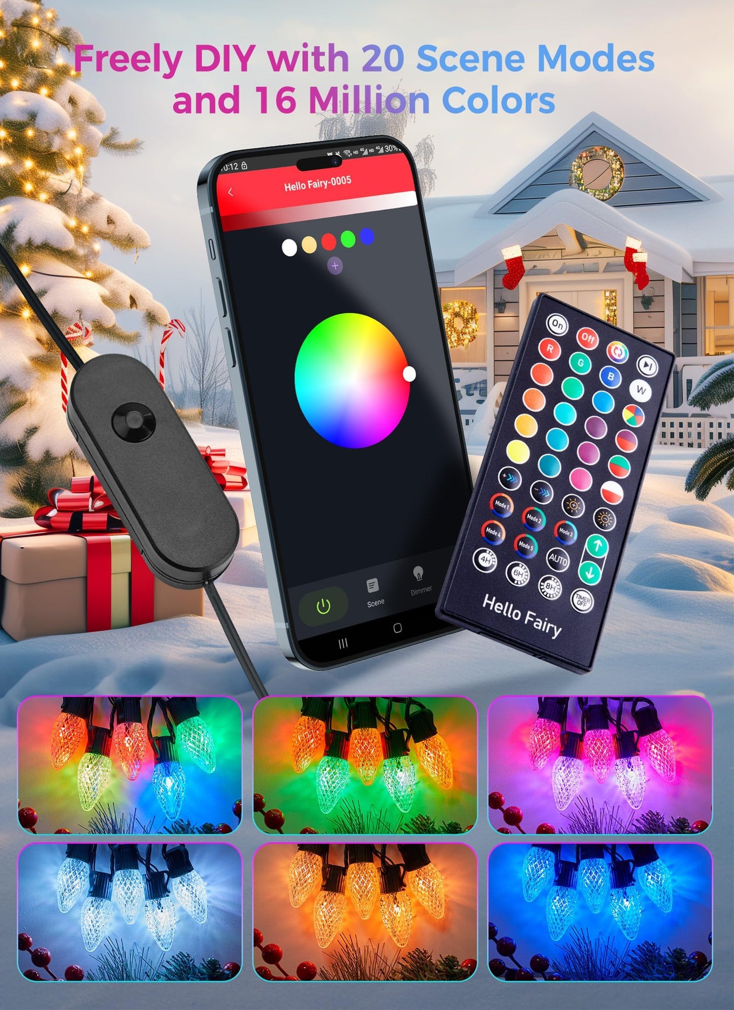 Brightown Smart C9 LED Christmas Lights, 50Ft 75 LED, RGB, Remote/App Control, Music Sync, Smart Multicolor, Model GY-C-50.6-U-B1